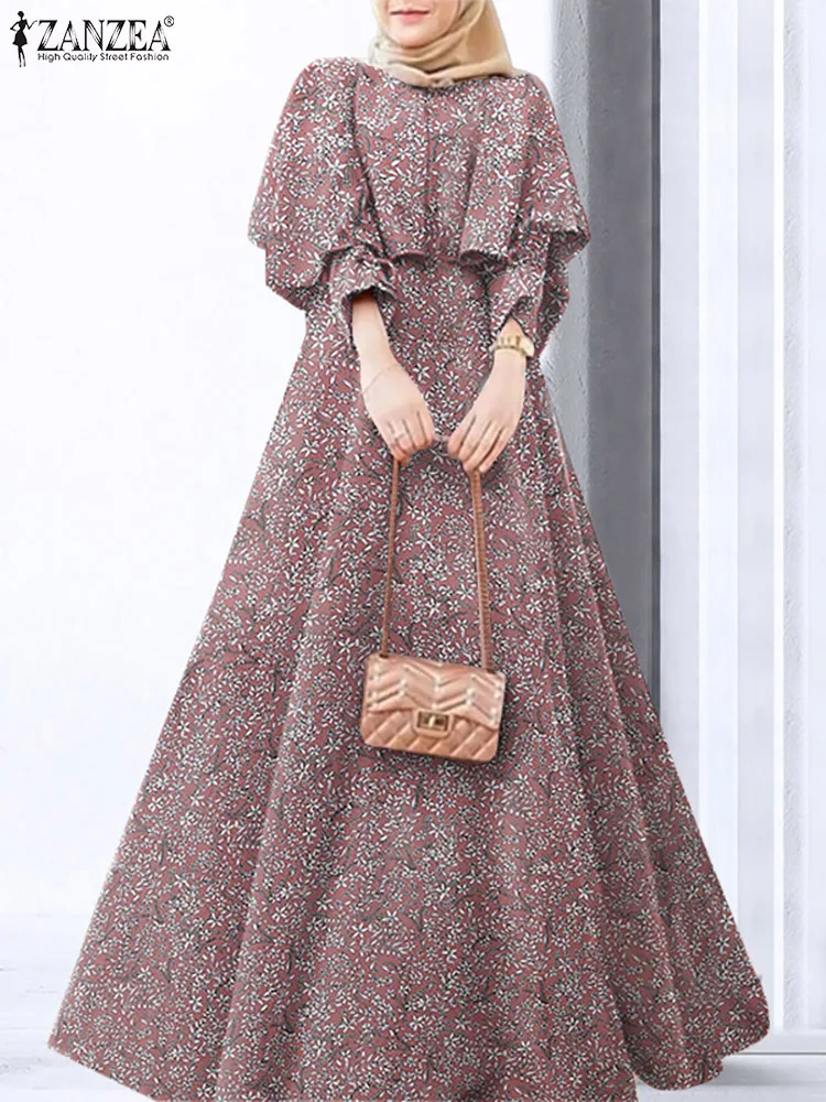 

ZANZEA Bohemian Women Floral Print Muslim Dress Ruffles Long Sleeve O-Neck Robe Vintage Oversized Kaftan Abaya Dubai Dresses