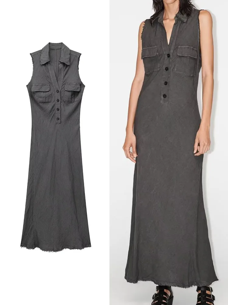 

TRAF Summer Women Solid Slim Dresses 2023 New Fashion Female Turn Down Collar Sleeveless Single Breasted Long Dresses