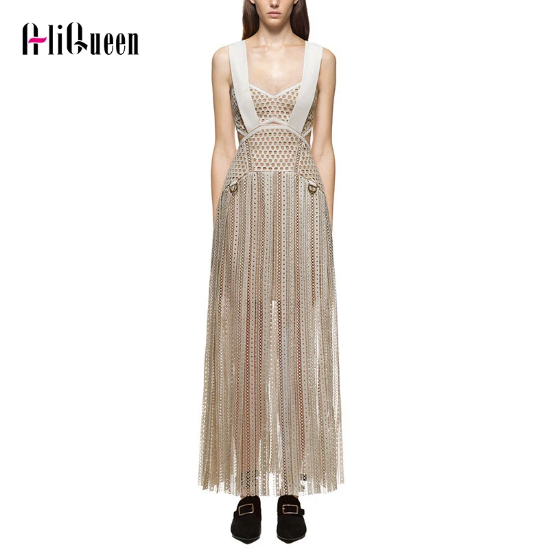 

High Quality 2022 Self Portrait Lace Patchwork Tassels High Split Strap Women Dress Strapless Hollow Out Fashion Sexy Long Dress