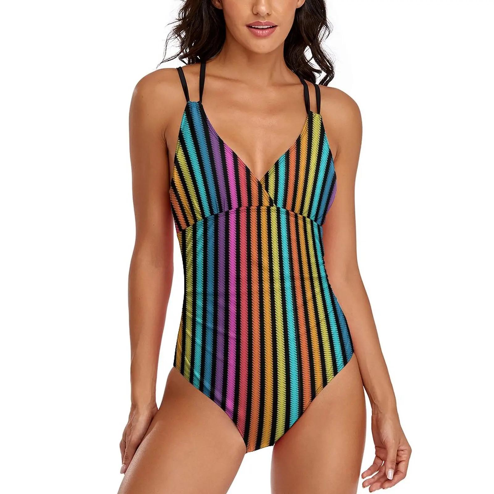 

Rainbow Striped Swimsuit Geometric Print Swimwear One Piece Bathing Suits Sexy Kawaii Rave Swimsuits Large Size