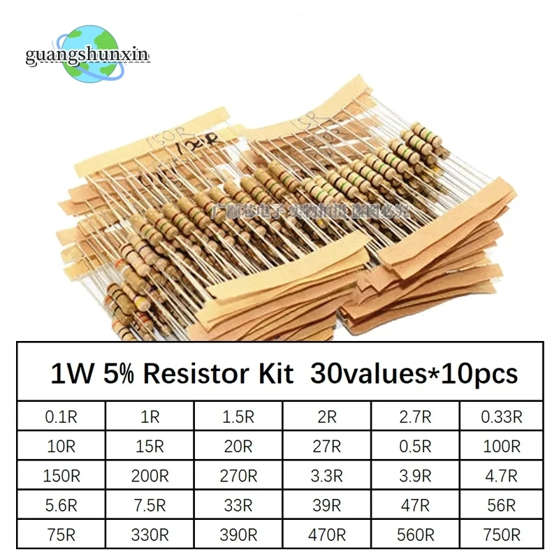 

300PCS Resistor Kit 1W 5% 30values X 10pcs Carbon Film Resistance 0.1-750 ohm Set 0.1R - 750R