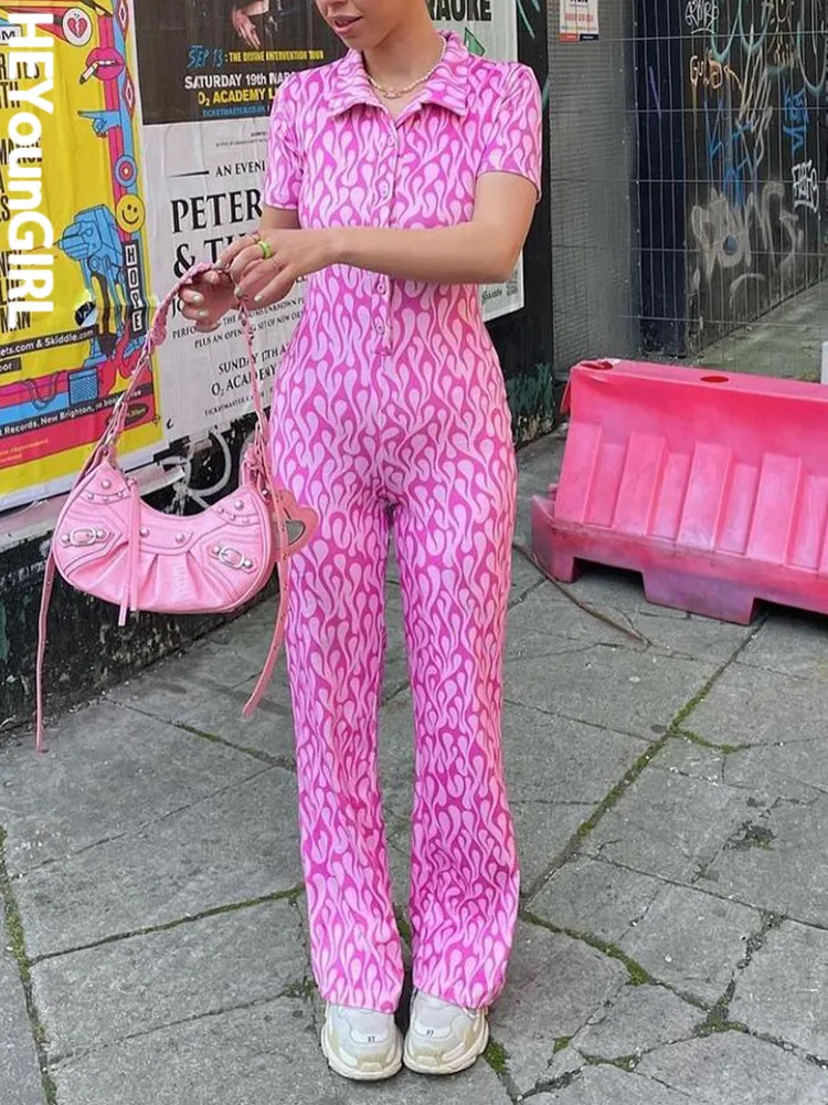 

HEYounGIRL Womens Overalls Pink Sweet Summer Jumpsuit Y2K Streetwear Print Casual Short Sleeve Bodysuit Knitted Fashion Rompers