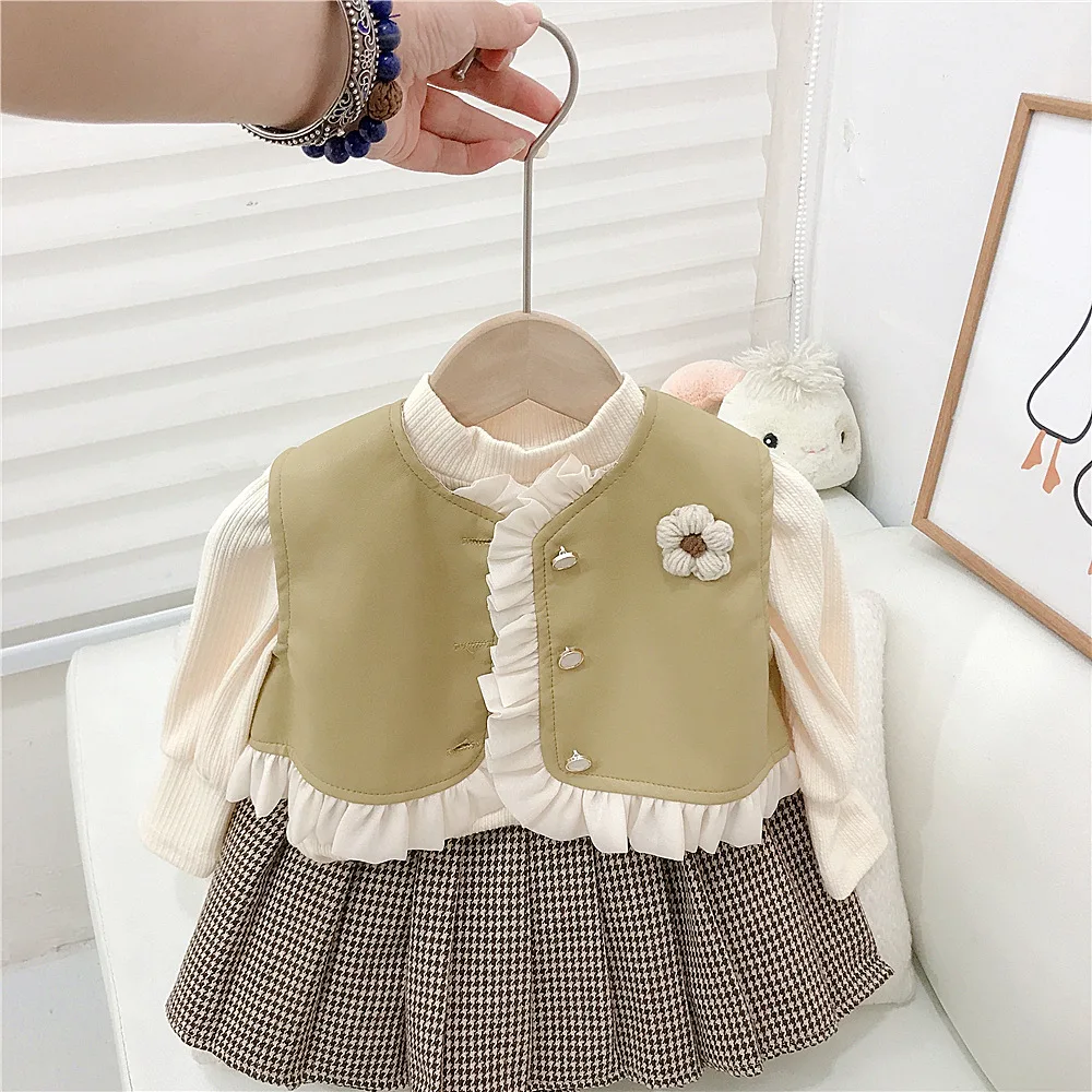 

Детская модель 2023, Летний Новый детский кожаный жилет, юбка, комплект из трех предметов, комплект одежды для маленьких девочек