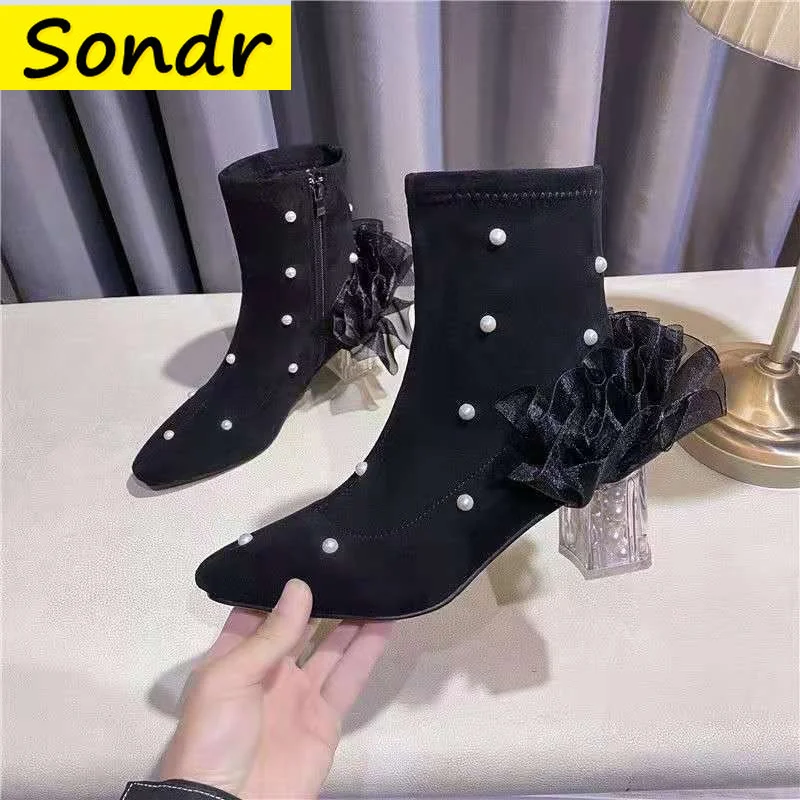 

2021 New Womens Boots Fashion Pearls Lace Decor Ankle Boots Sexy Transparent Crystal Heel Shoes Ballparty Black Boots