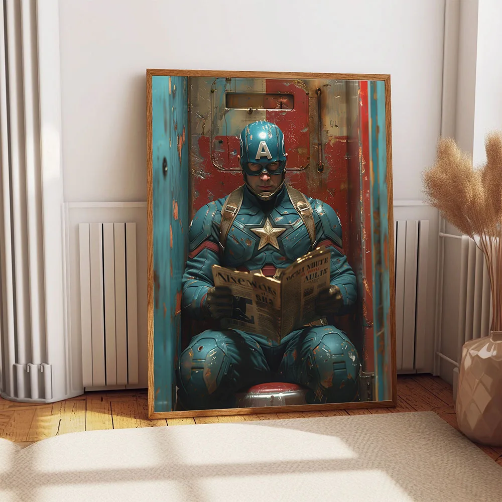 Забавный супергерой в туалете с газетами холст картина печать ретро ванная