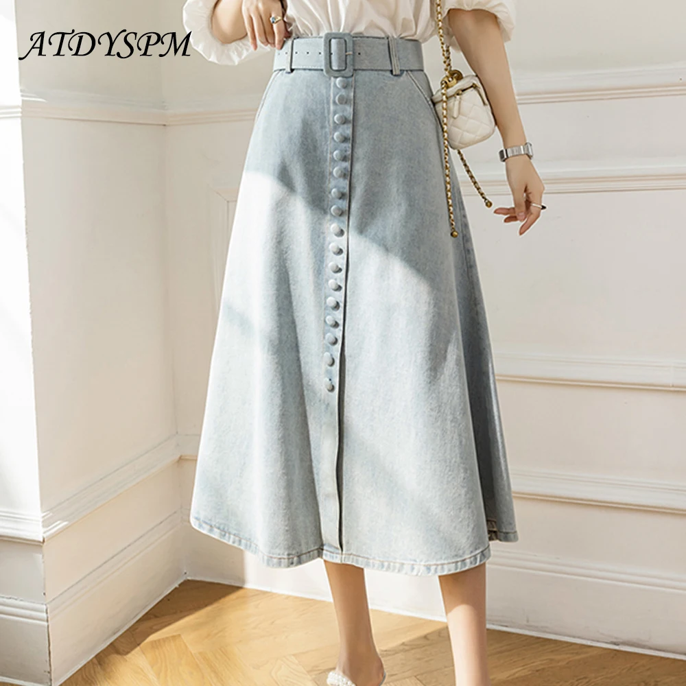 

Юбка женская джинсовая средней длины, свободная повседневная плиссированная трапециевидная юбка из денима, с завышенной талией, с карманам...