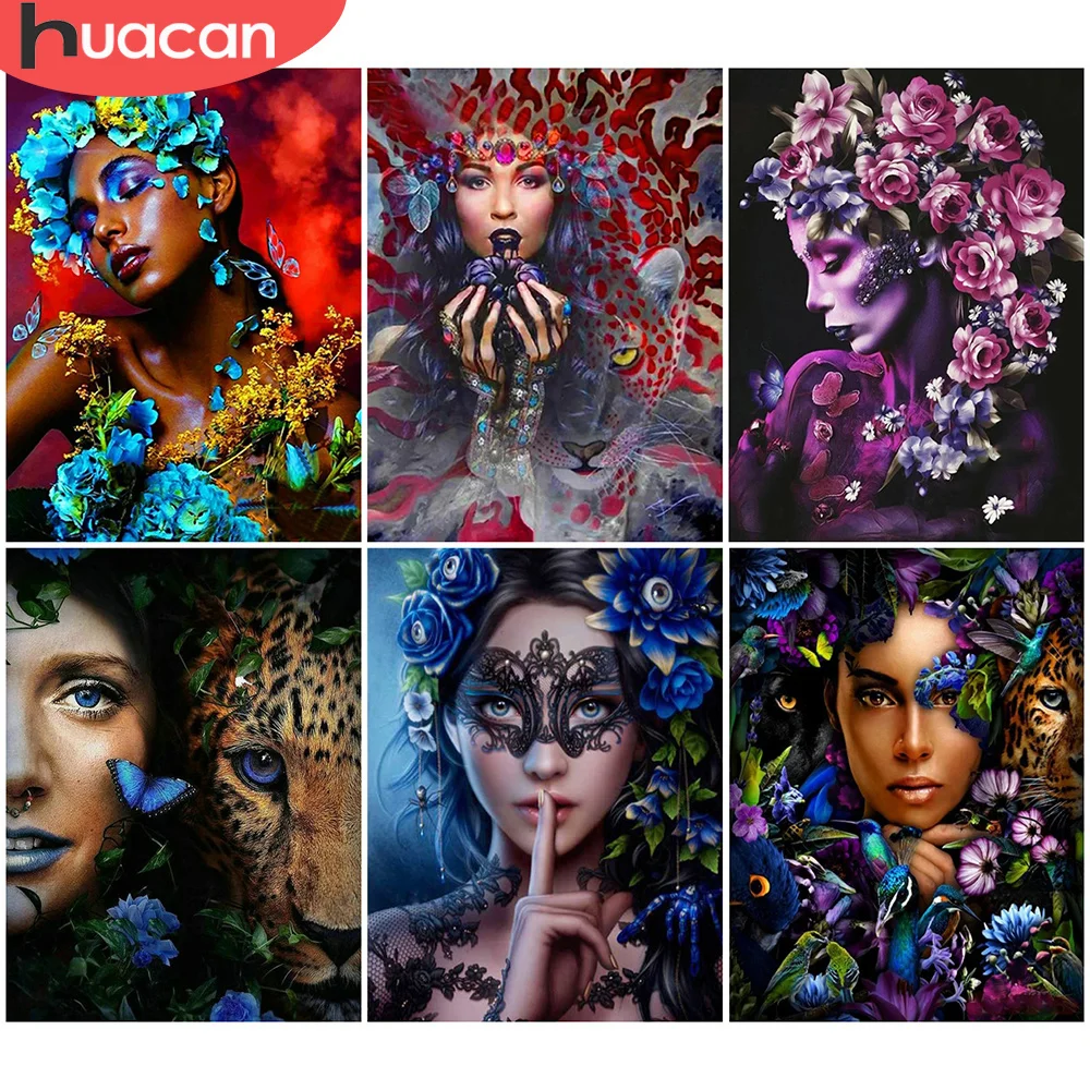 

HUACAN DIY Rhinestones For Embroidery Woman Leopard Diamond Painting Portrait Flower Diamond Mosaic Cross Stitch Handmade Gift