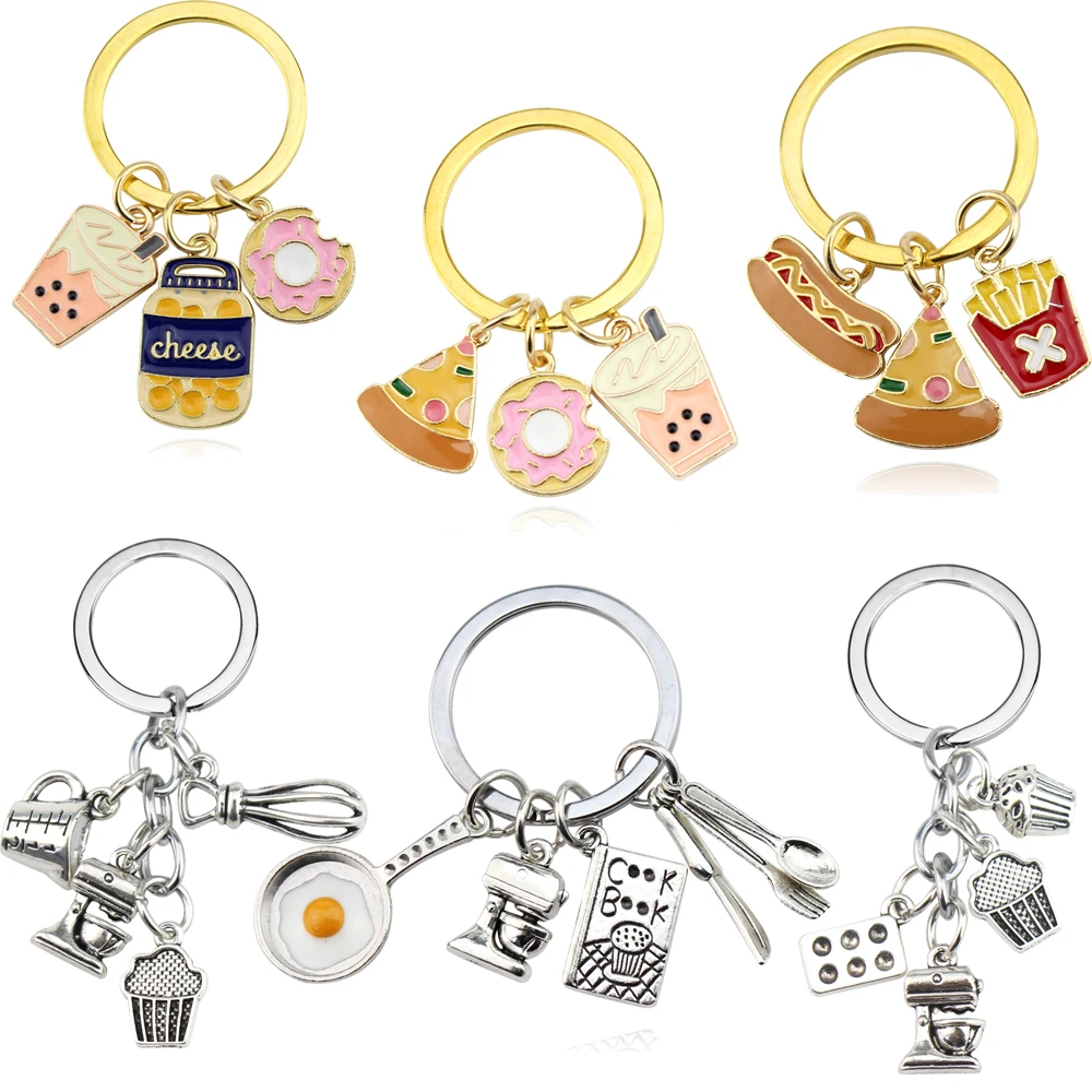 Cooking Keychain Dinner Key Ring Cook Book Knife and Fork Beater Blender Frying Pan Key Chain Chef Gift DIY Handmade Jewelry