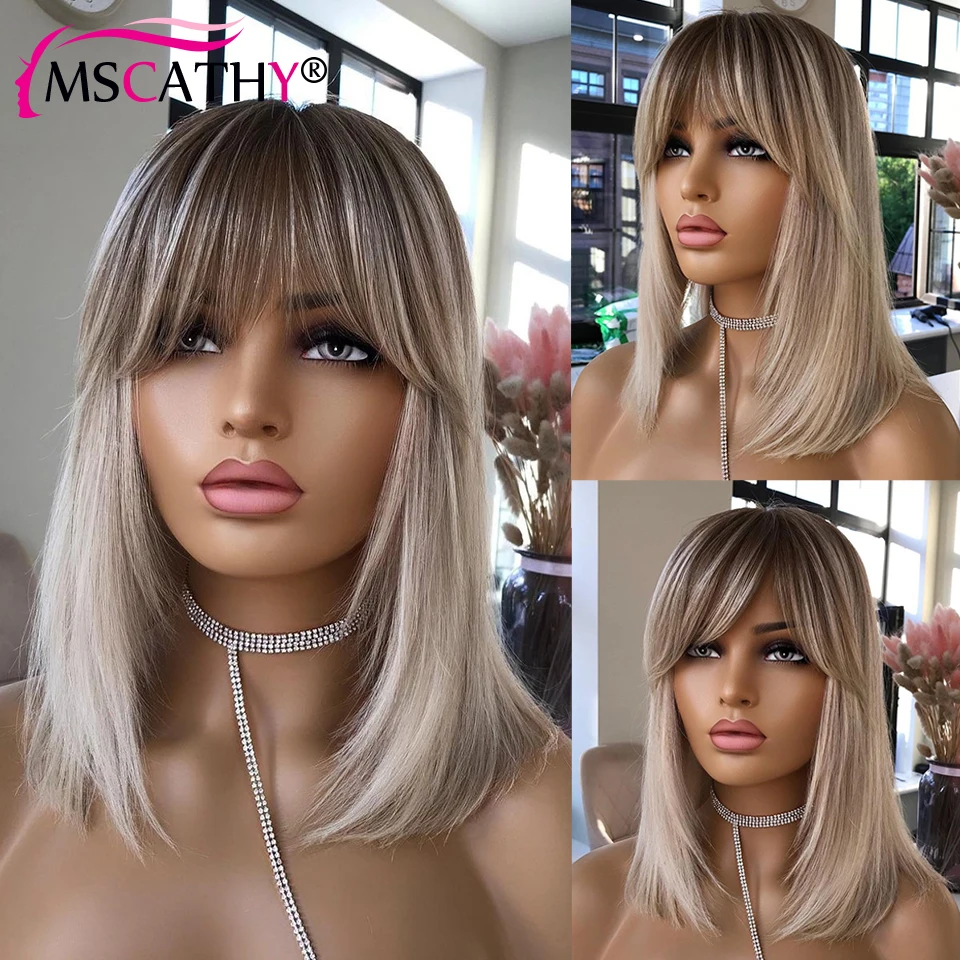 

13x4 Ash Blonde Colored Lace Front Wig Short Straight Bob Human Hair Wigs With Bangs HD Transparent Lace Closure Wigs For Women