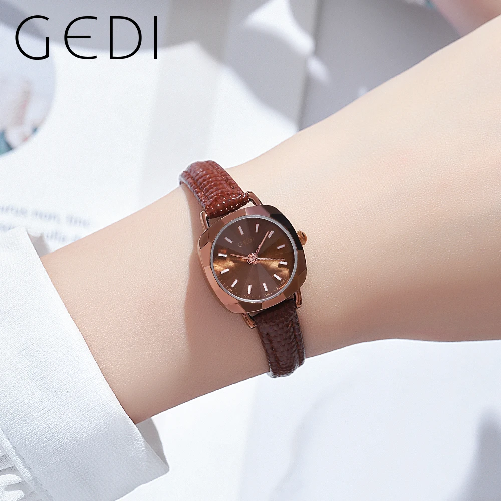 GEDI Retro Fashion Square Quartz Wrist Watch for Women Luxury Brand  Leather Strap Vintage Ultra-thin Waterproof Ladies Watches