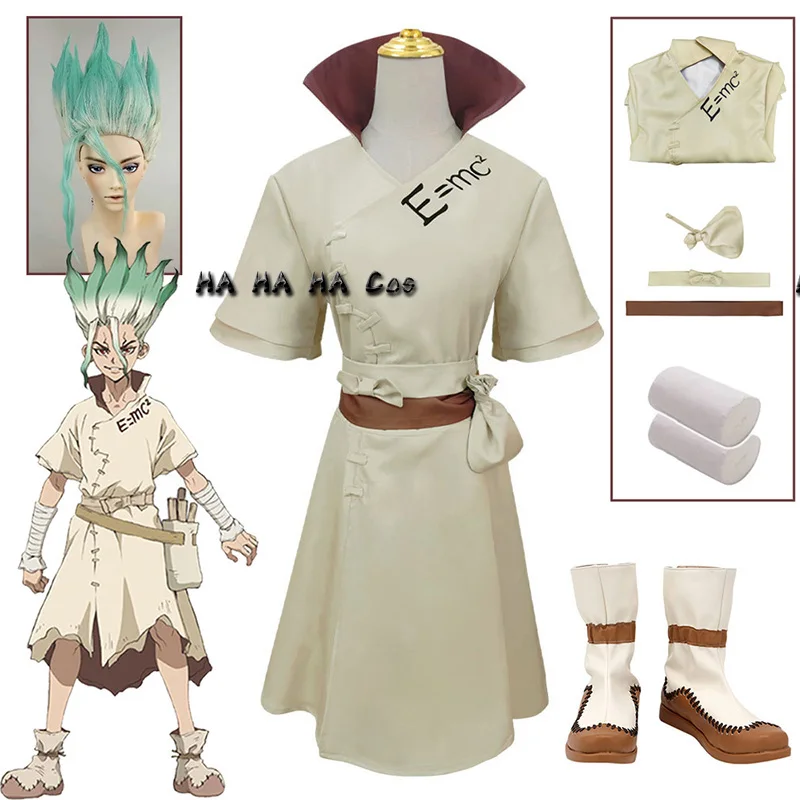 

Dr. Stone:Ryuusui Ishigami Senku Anime Cosplay Costume Coat Belt Pouches E = Mc2 Trench Outfit Uniform Wig Shoes Halloween Party