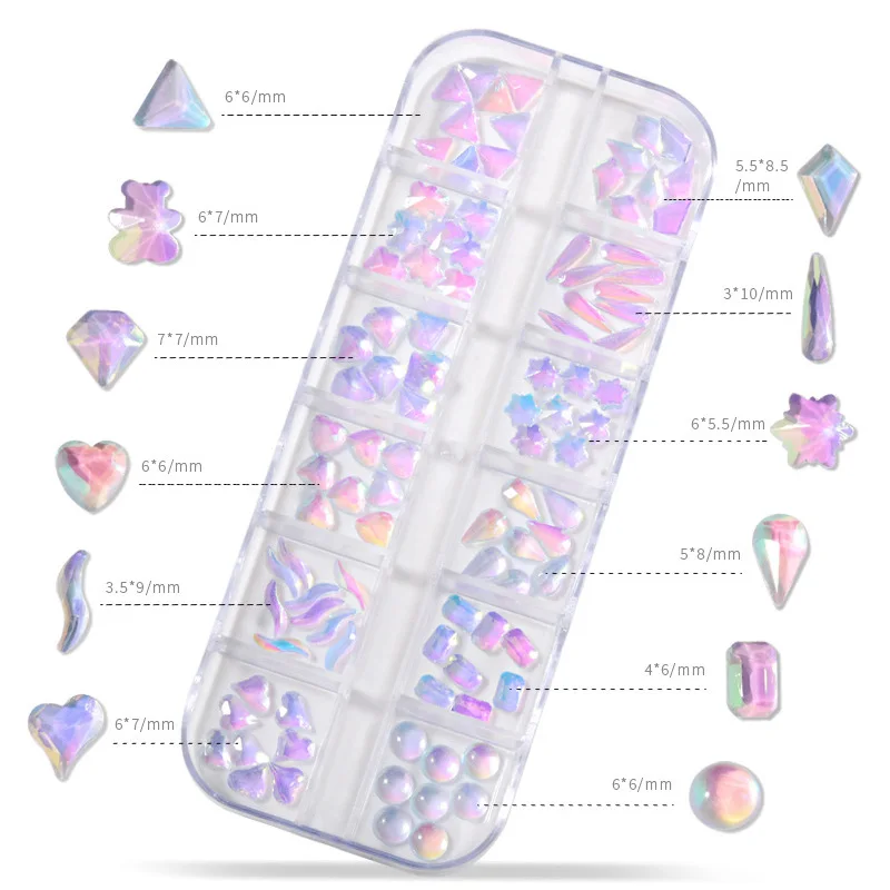 

12Grids/set Flat-back AB Crystal Nail Rhinestones Glitter Nail Decorations 3D Diamond Multi-size Gems Stones for Manicure Design