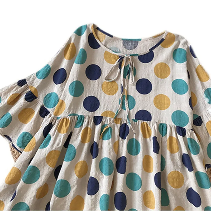 

Cotton and Linen Shirt Top Loose Round Neck Trumpet Sleeve Color Polka Dot Blouse Women