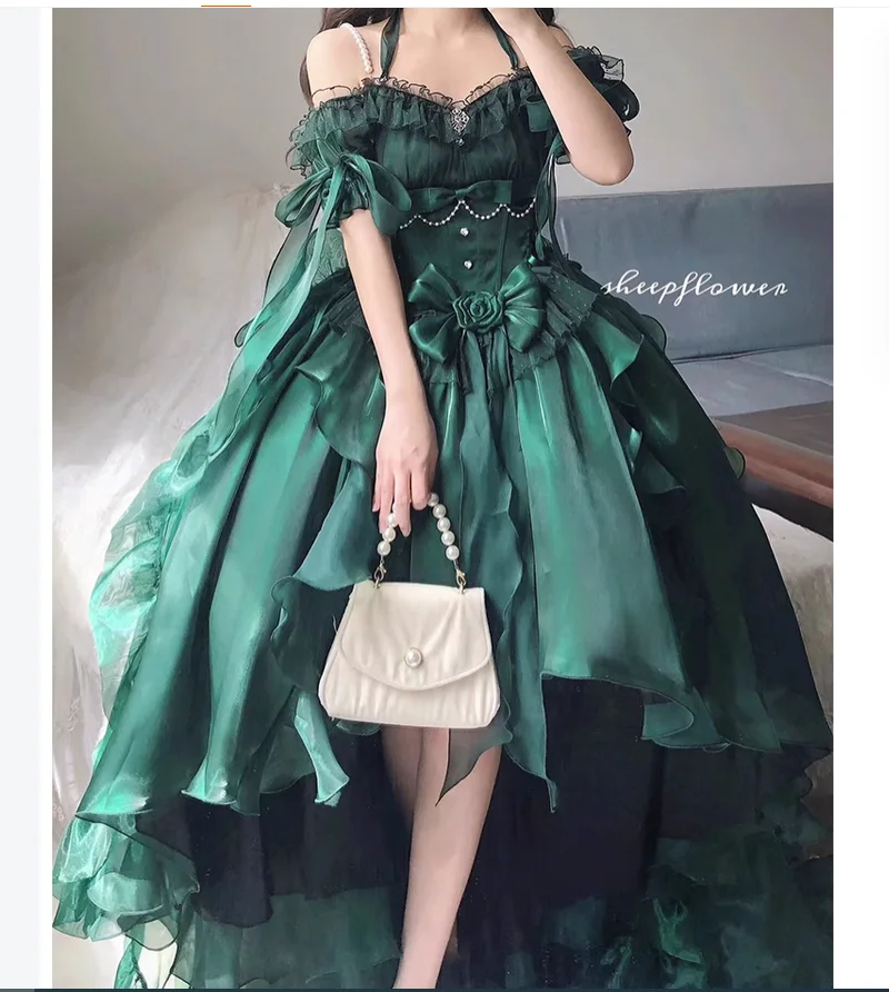 Зеленое спереди короткое сзади длинное цветочное свадебное платье лолиты