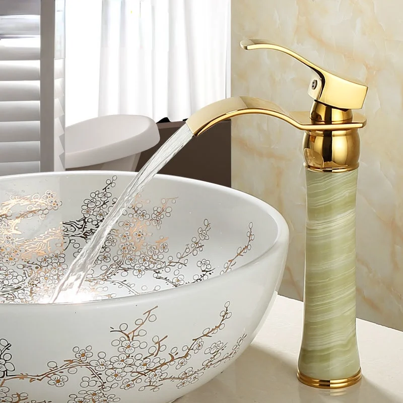 

Grifo de Jade Natural de cobre de estilo europeo, grifería de agua fría y caliente, cascada dorada, para lavaboCD