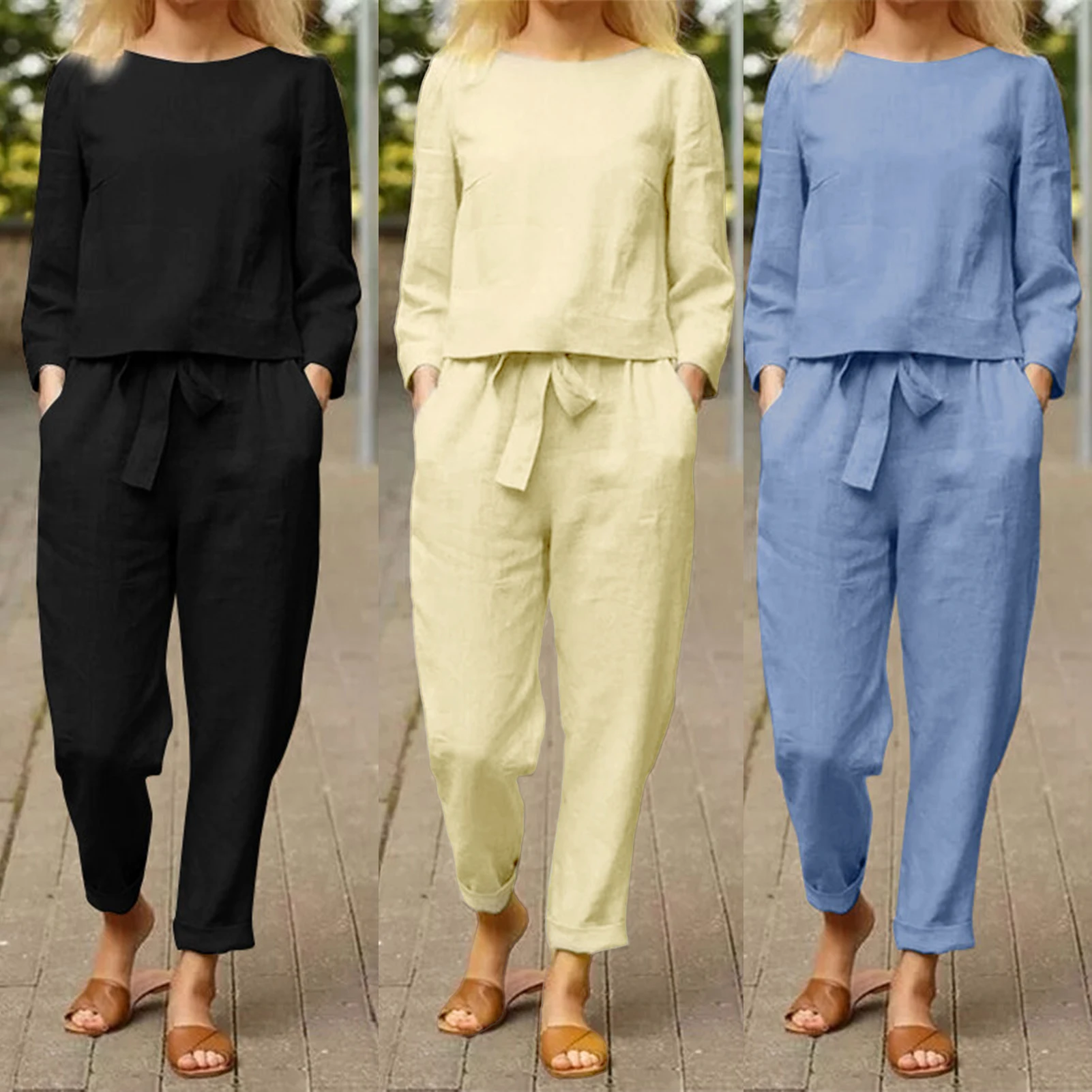 

2023 Cotton Linen Top and Pants Set Crew Neck Long Sleeve Top+Harem Pants 2 Piece Sets Summer Casual Outifits