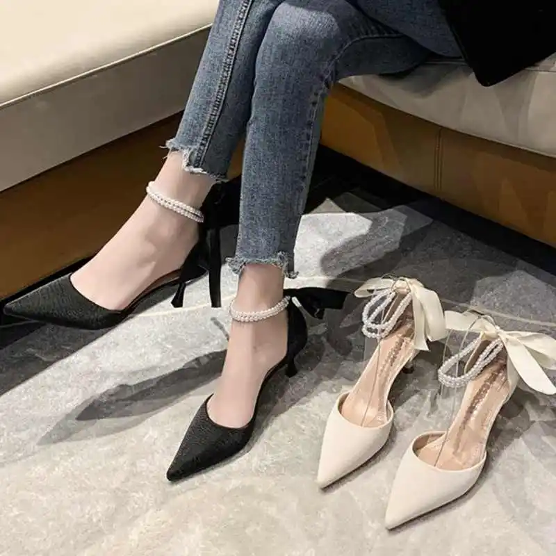 

Модные женские туфли-лодочки BCEBYL с жемчужным ремешком на щиколотке, свадебная обувь, туфли с острым носком на шпильке, пикантные вечерние сандалии, обувь для женщин