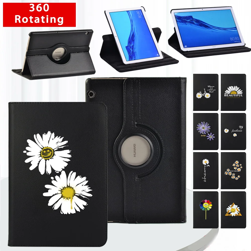 

360 Degrees Rotation PU Leather Tablet Case for Huawei MediaPad T3 10 9.6"/MediaPad T5 10 10.1" Daisy Print Smart Stand Cover