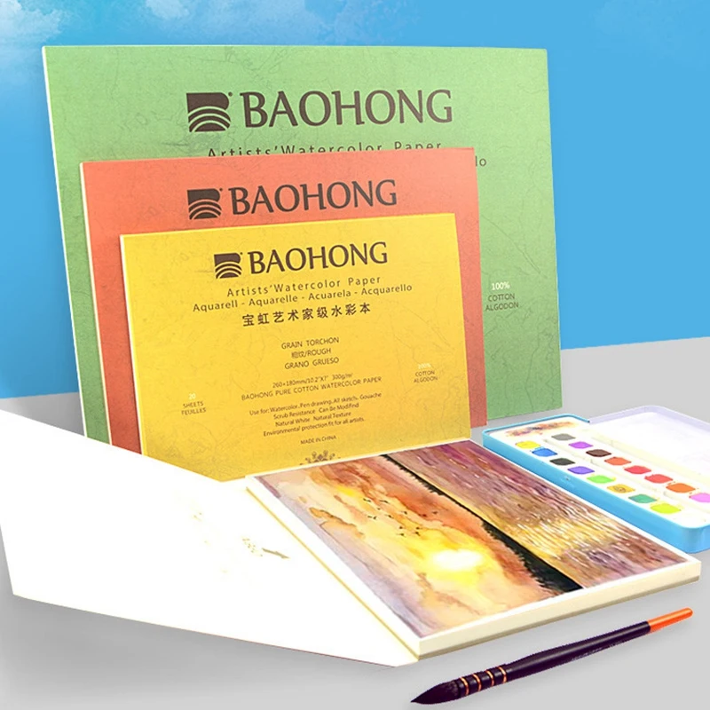 Baohong 100% Cotton Artist Watercolor Paper 300g 20 sheets Professional Water Color Sketchbook Drawing Painting Pad