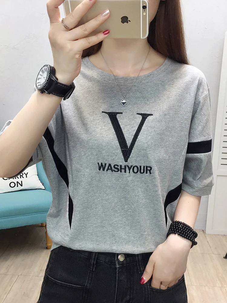 BOBOKATEER Fashion Letter Embroidery Tshirts Women 2023 White Cotton T Shirt Casual Black Tee Shirt Femme Short Sleeve Clothes