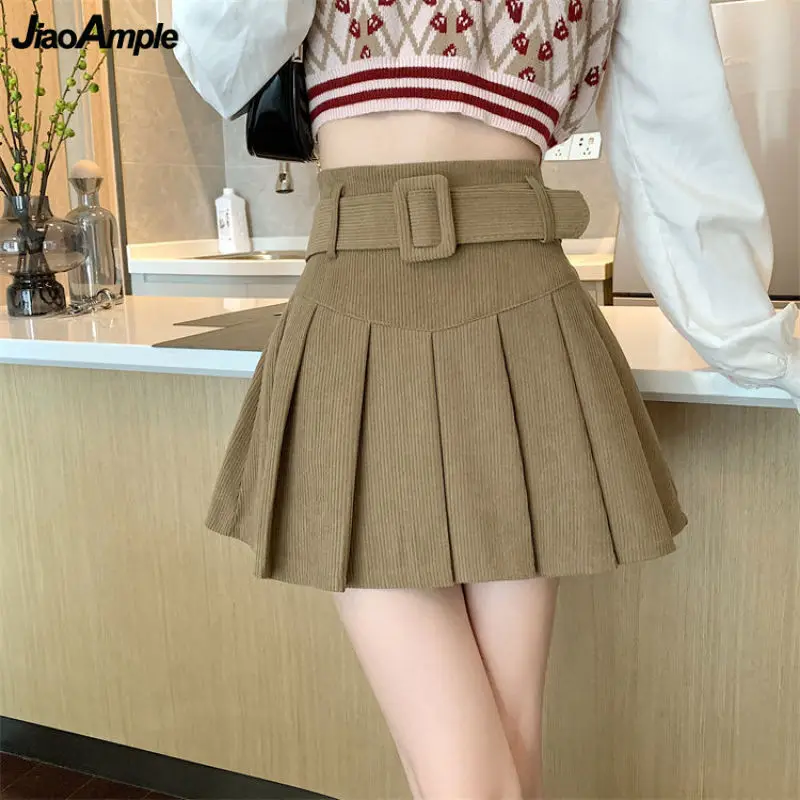 

Autumn Winter Women Pleated Skirts Lady Fashion High Waist Corduroy Mini Solid Color Skirt Preppy Style Student Skirt Waist Belt
