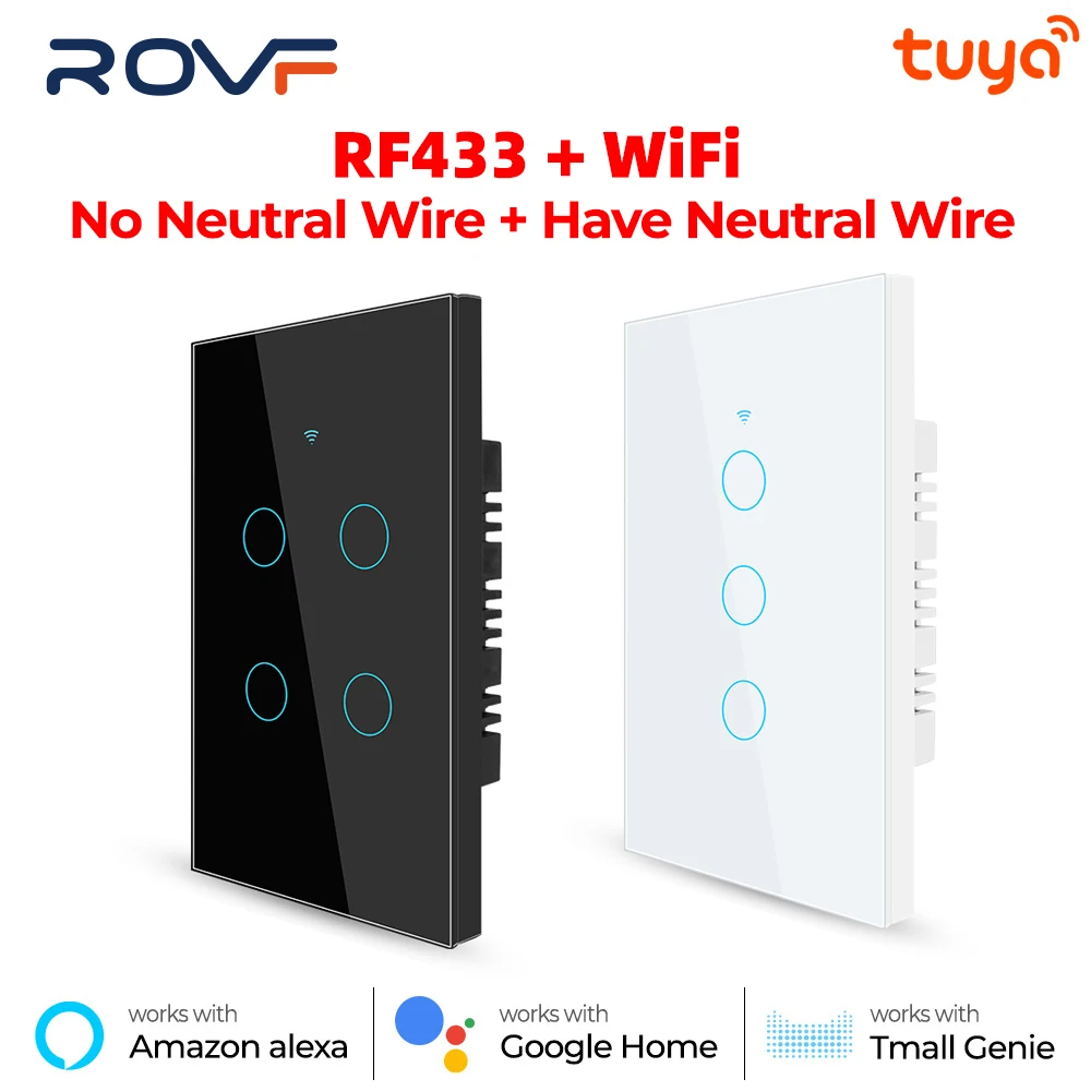 

ROVF Tuya Wifi Smart Touch Switch Light Brazil No Neutral Wire 110V 220V 1/2/3/4 Gang RF Remote On Off For Alexa Google Home