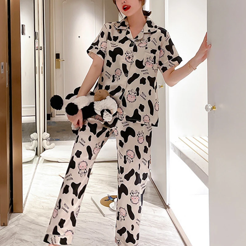 Cute Cow Pajamas Summer Women Short Sleeve Trousers Suit Sweet Women's Home Service Two-piece Suit Pajamas Set Ice Silk Pyjamas