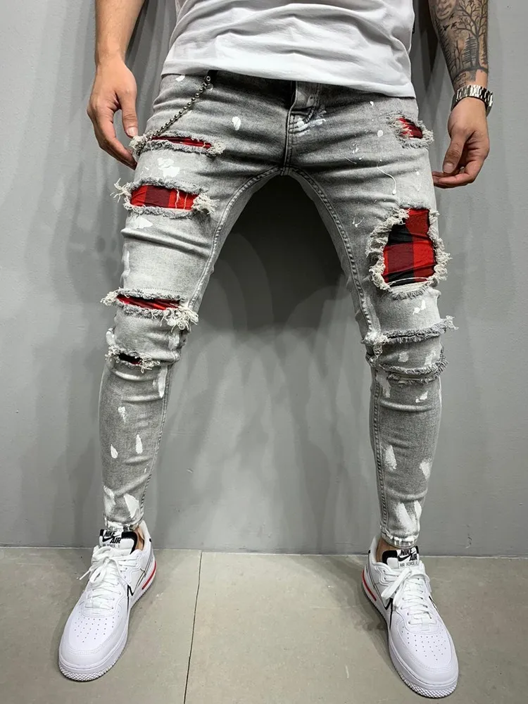 Skinny Ripped Jeans Men 2022 Fashion Grid Beggar Patches Slim Stretch Casual Denim Pencil Pants Painting Jogging Trousers Men