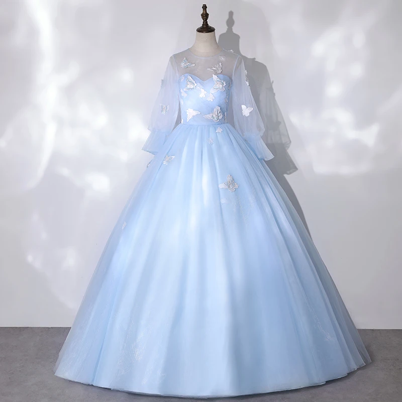 

2023 New Blue Vestido De Quincenera Classic Scoop Neck Tulle Ball Gown With Lantern Sleeves Sweet Butterfly Fairy Suknia Balowa