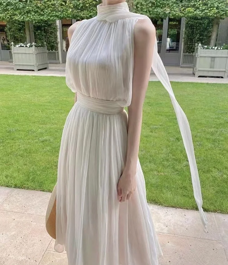 

Korean Chic High-end Halter Neck Off-shoulder Dress Suit White Sleeveless Streamer Top Dress Fashion Pieces for Women Vestido