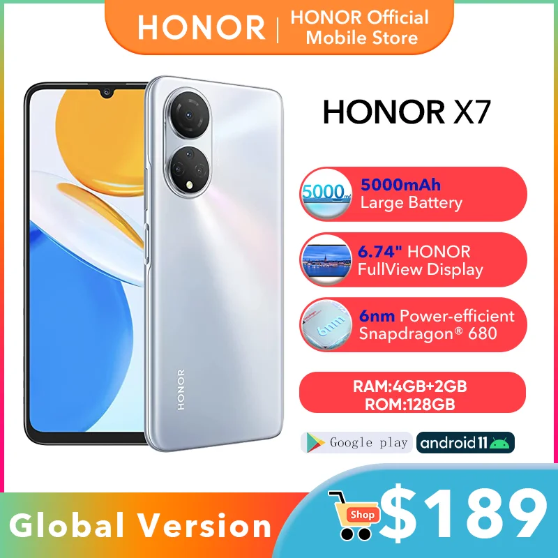 Global Version Honor X7 Smartphone Android 11 90Hz 6.74 FullView Display 48MP Quad Rear Camera 22.5W HONOR Supercharge