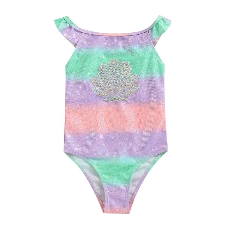 

Kids Baby Girls Swimsuit Sequined Shell Pattern Bronzing Sleeveless Ruffled Shoulder Strap Bodysuit Swimwear