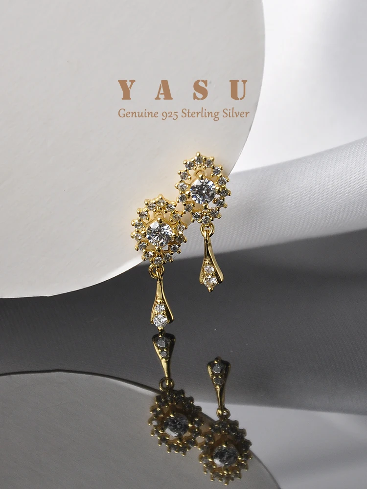 

Yasu Genuine 925 Sterling Silver 14K Gold Plated Vintage Evil Eye Drop Earrings For Women Crystal Exquisite Fine Wedding Jewelry