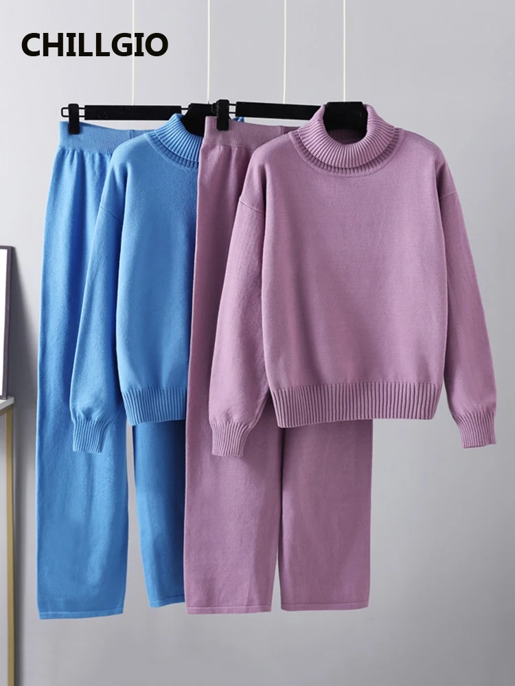 

CHILLIGO Winter Knitted Sweater Suit Women Casual Turtleneck+Loose Jogging Pants Autumn Two-piece Warm Knit Tracksuit Outfit Set