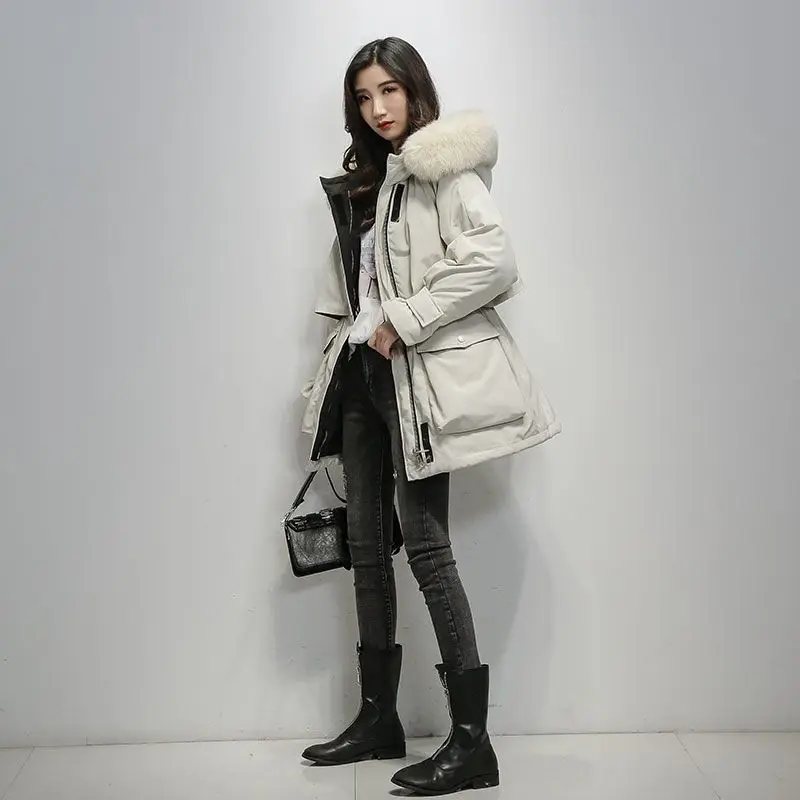 Pai Conquer Women's Medium Long Korean 2022 New Down Cotton Coat Loose Thickened Large Wool Collar Women's Winter Coat