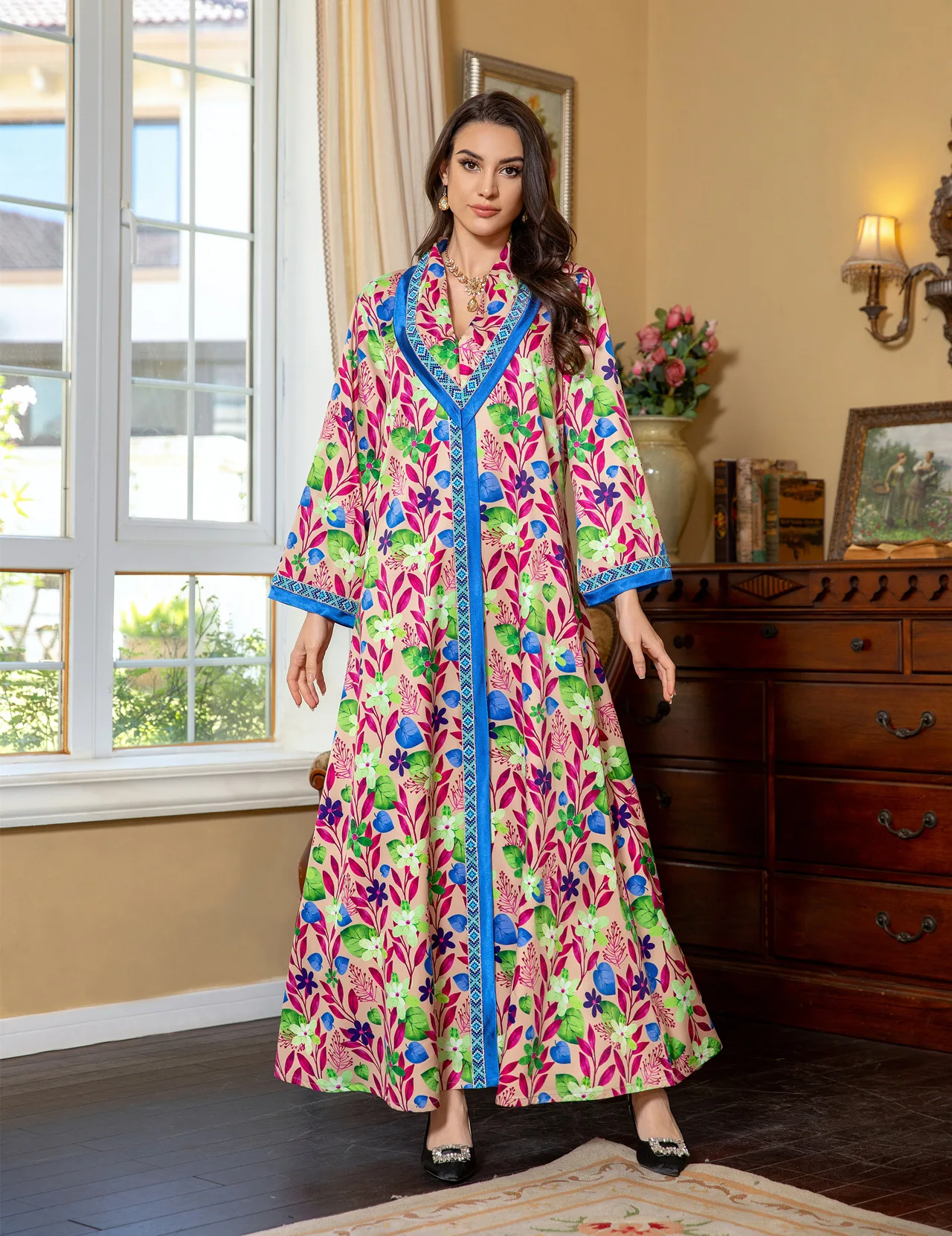 Уни Рамадан мусульманские женские платья с цветочным принтом и лентой отделкой