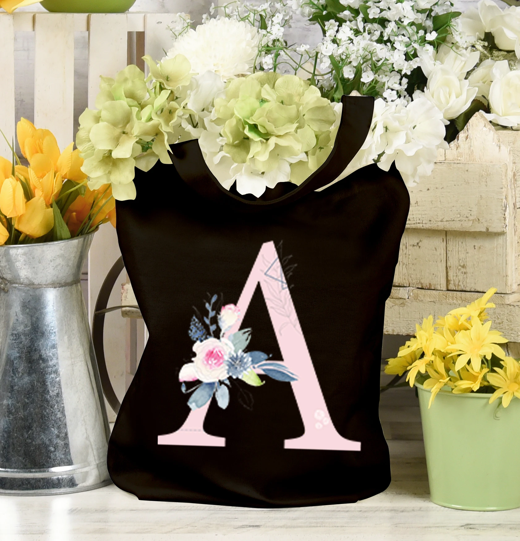 

Creative Alphabet Flora Print Canvas Bag Casual Shoulder Bag Fashion Shopper Tote Bags Environmentally Friendly Shopping Bag