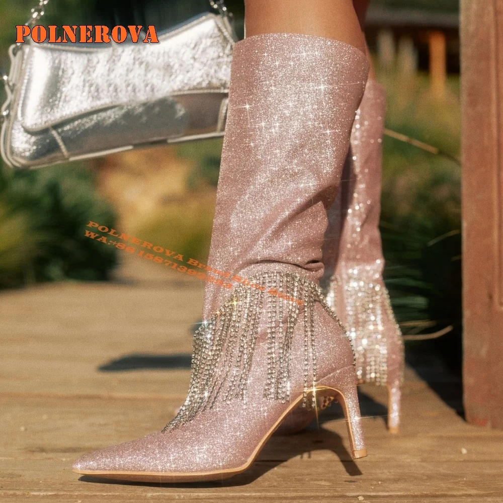 Розовые блестящие модные ботинки с кристаллами и кисточками милые сапоги до