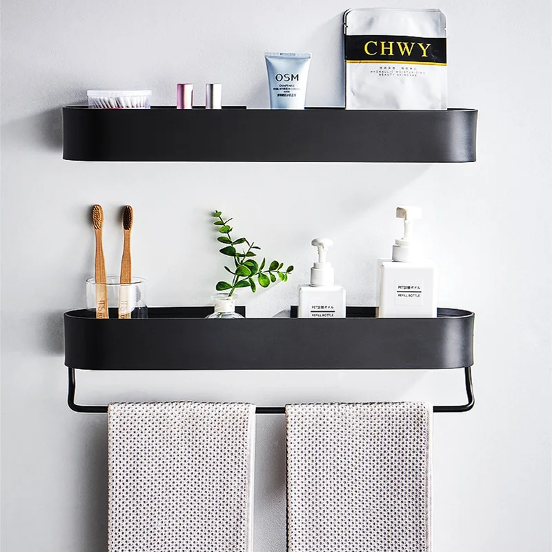 

Черная полка для ванной комнаты, свободное пространство, алюминиевый кухонный стеллаж для хранения, настенный держатель для полотенец, аксессуары для ванной комнаты