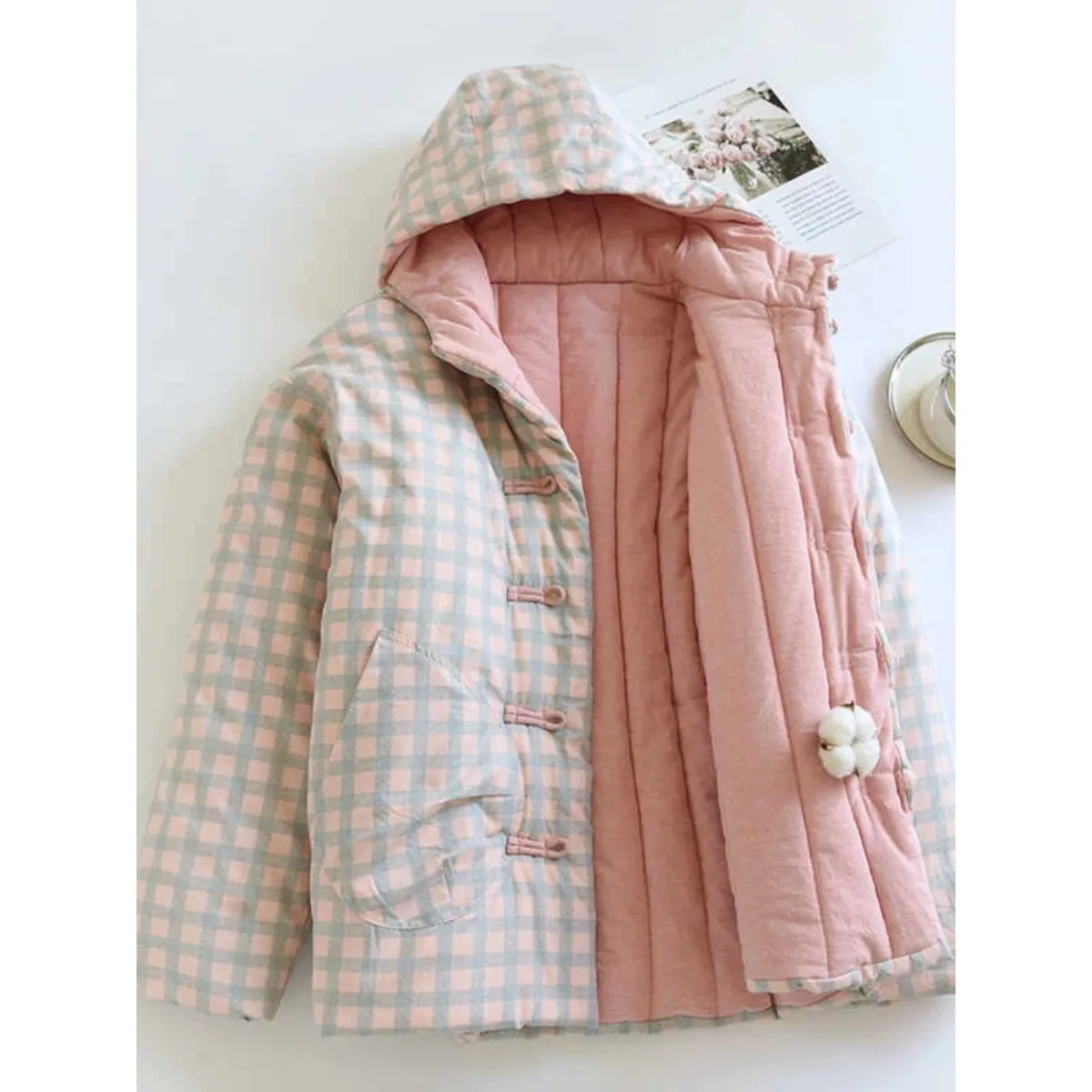 Luxury Brand Discount Store Foreign Trade 2024 Autumn and Winter Plaid Hood Thickened Small Cotton-Padded Jacket Cotton-padde...
