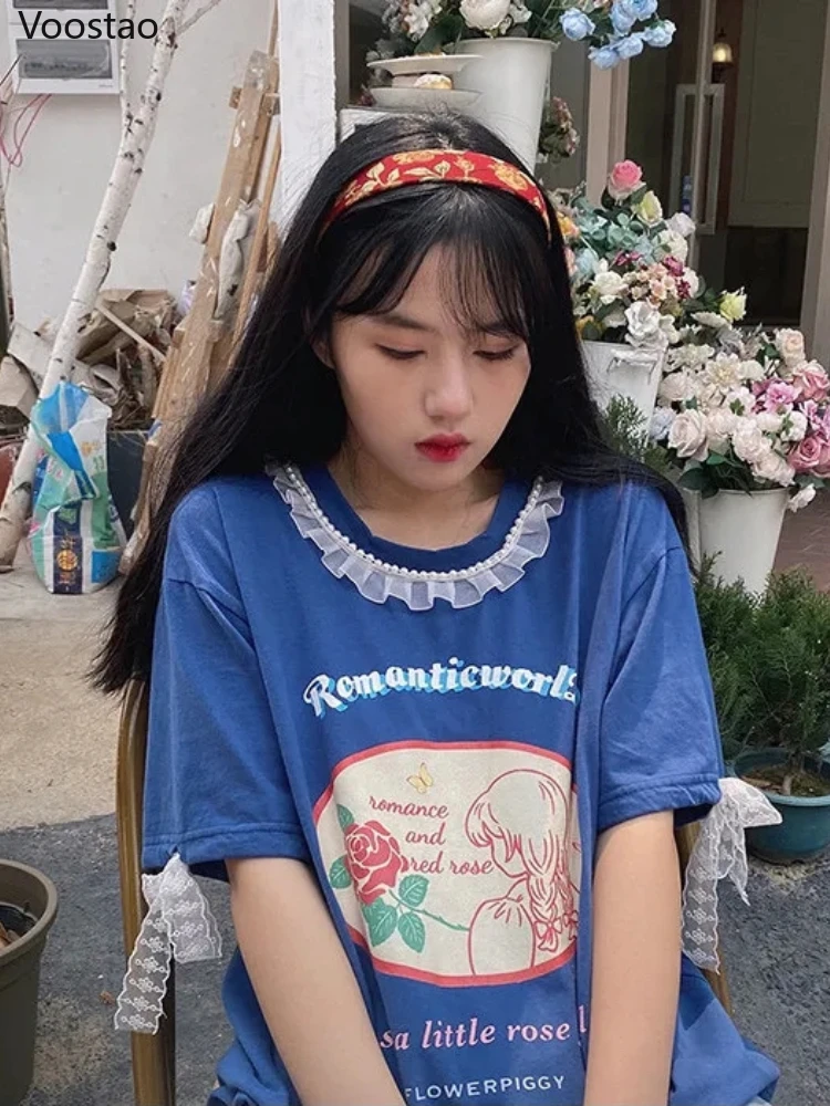 

Sweet Rose Girl Print T-Shirts Summer Women Cute Lace Ruffles Pearl O-Neck Loose Tops Tees Korean Harajuku Blue Tshirt Clothes