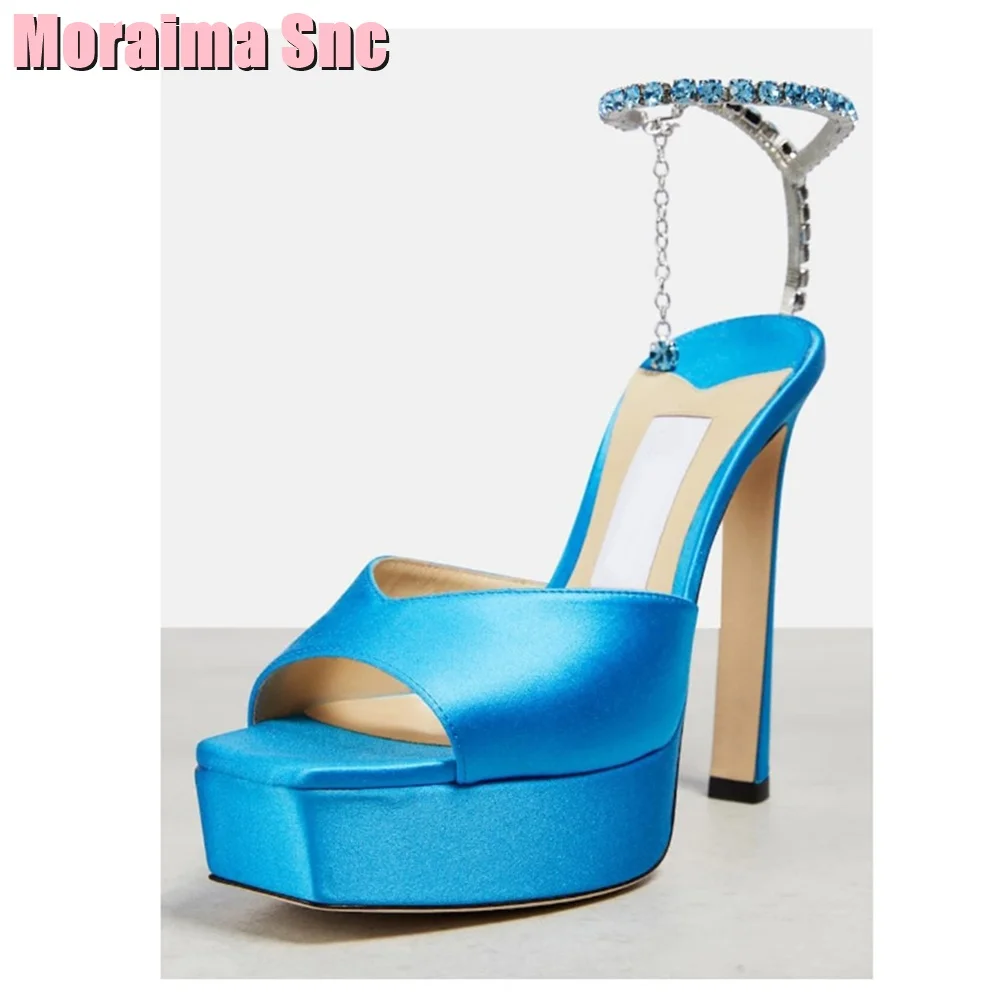 Platform Square Toe Crystal Sandals Metal Chain Stiletto High Heel Satin Material Golden Solid Sexy Women Wedding Shoes Summer