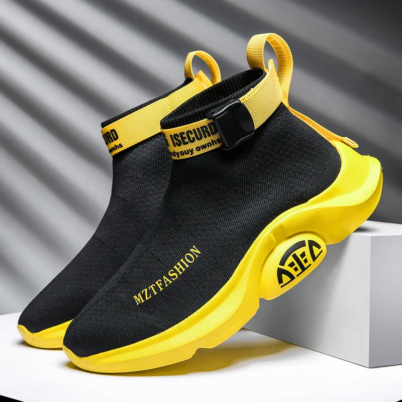 Spring Design Mesh Yellow Sock Shoes for Male Lightweight Breathable Men's Running Shoes Slip-on Letter Platform Sneakers Men