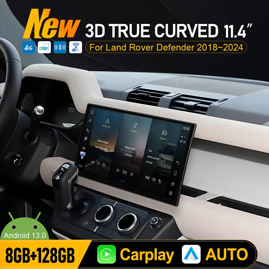 

11,4-дюймовый двойной системный Android 3D изогнутый экран для Land Rover Defender 2018-2024, стерео автомобильный GPS-навигатор, мультимедийный плеер Carplay