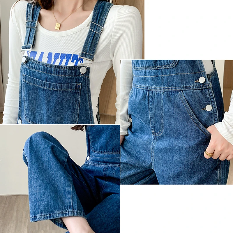 Denim strap pants women's pants versatile for commuting leisure and all-season wear retro blue loose dad pants wide leg pants