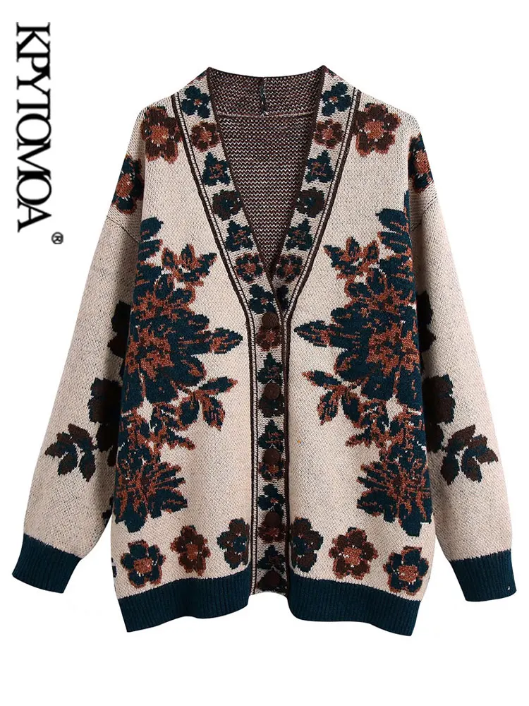 KPYTOMOA Women  Fashion Loose Jacquard Knit Cardigan Sweater Vintage Long Sleeve Button-up Female Outerwear Chic Tops