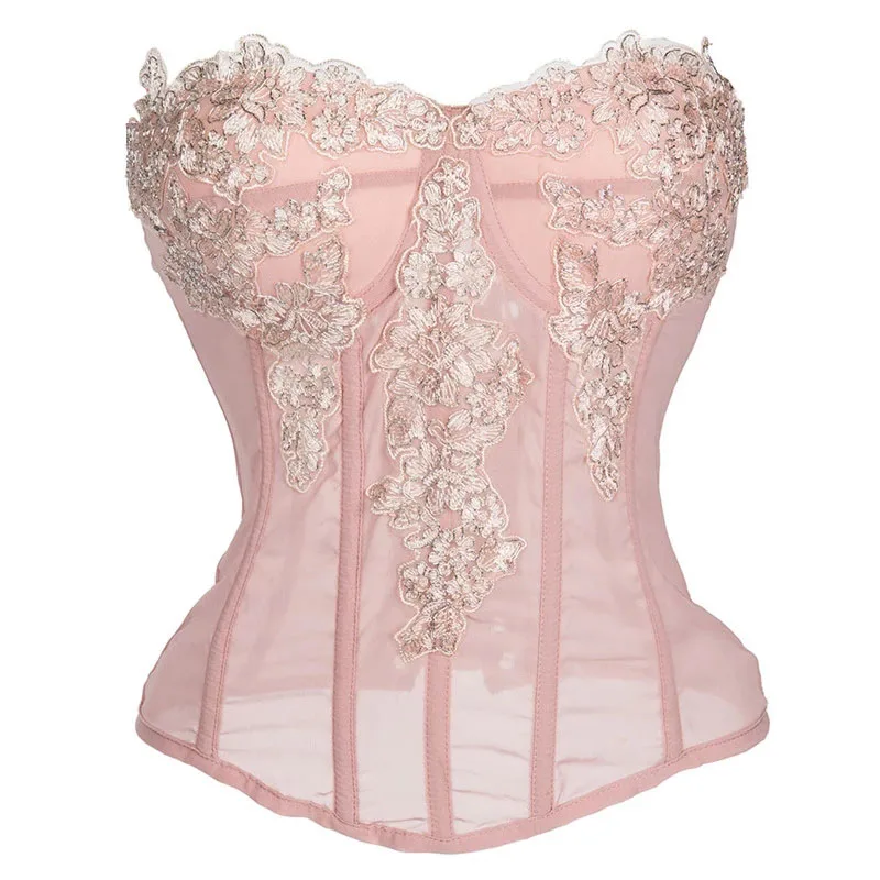 

Sexy Gothic Pink Chiffon Lace Applique Corsets And Bustiers Embroidery Padded Cup Lingerie Slimming Steampunk Women Corsets