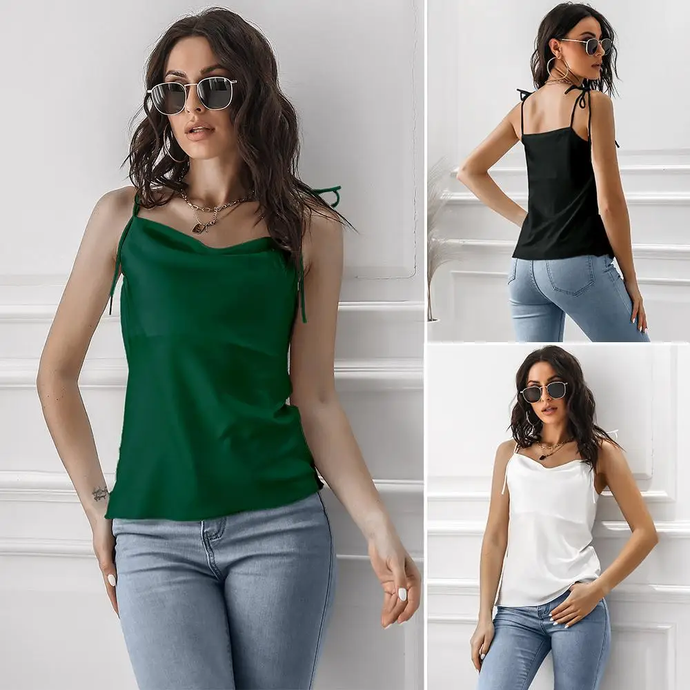 

Women Tank Tops Sexy Solid Color Camisole Advanced Sense of Emulation Silk Satin Outwear Backless Vest Swing Collar Camis