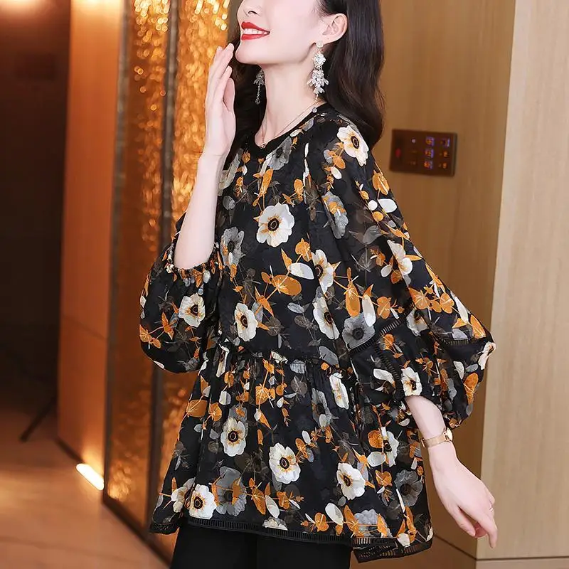 

Chiffon shirt female 2022 spring new loose slim shades lady floral small shirt foreign gardens long sleeve o neck blouse tops