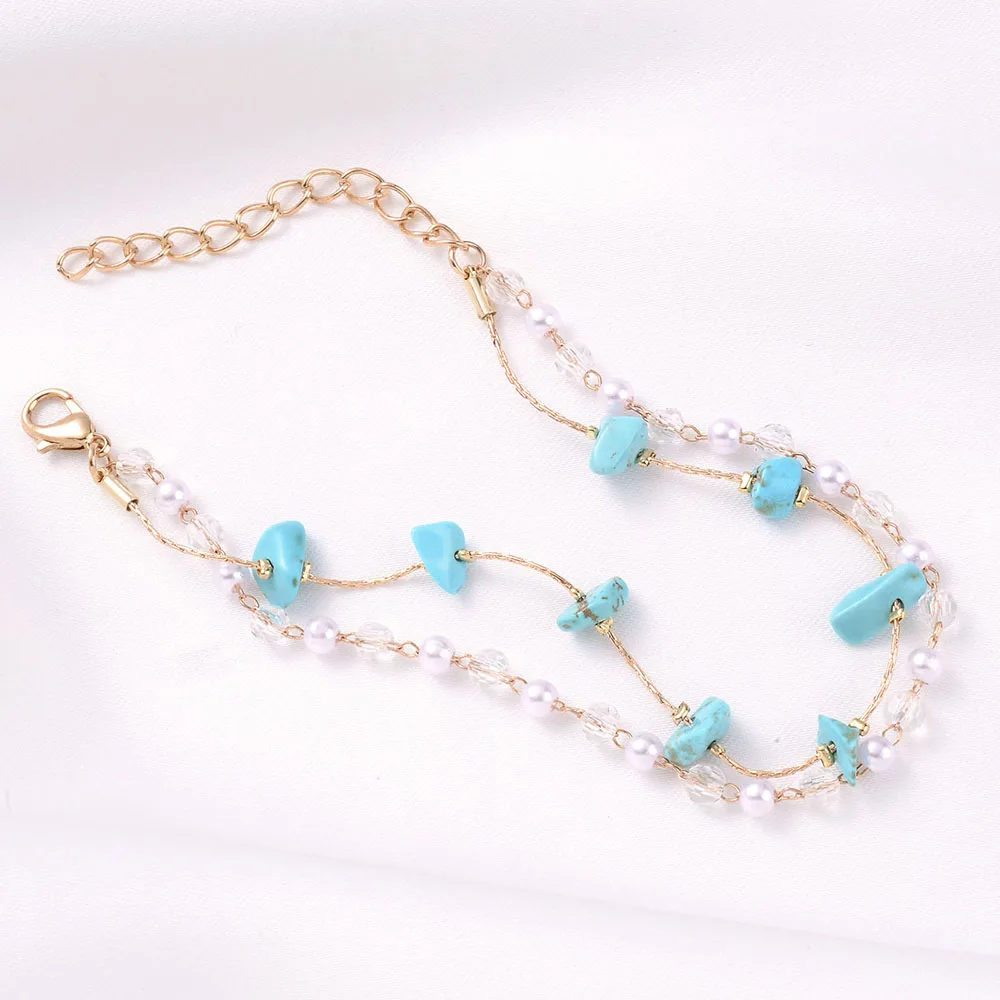 Женский минималистичный браслет с двойной цепочкой бирюзовый жемчужными